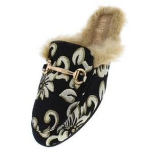 🆕 Black Gold Bit Faux Fur Mule Loafer Flat